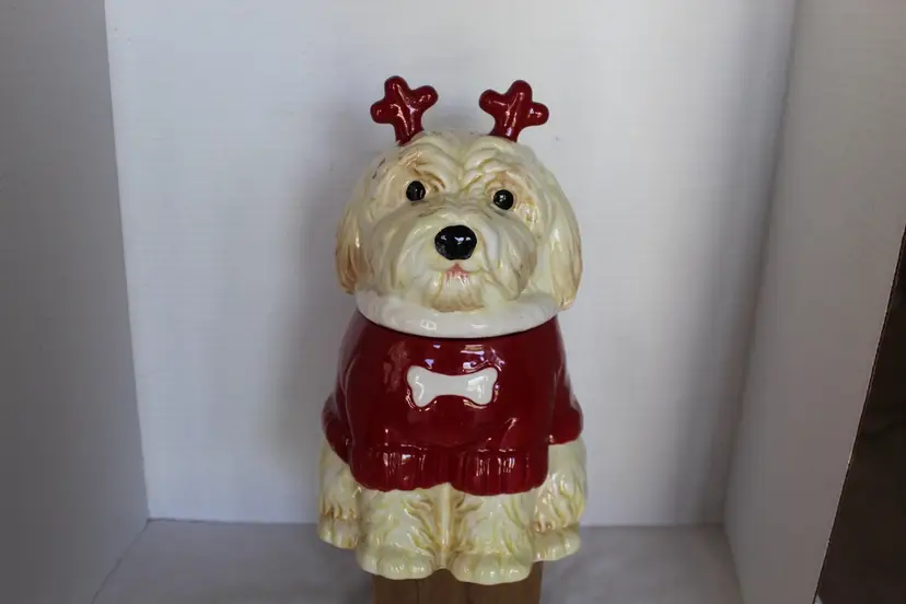 Pier 1 Imports Christmas Labradoodle Reindeer Dog Cookie Jar Red Hoodie Ceramic