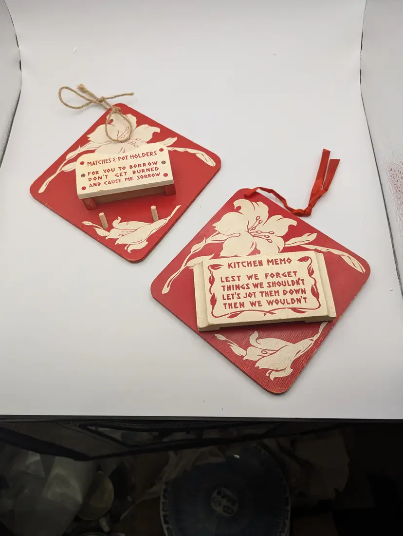 1940's Vintage Handmade Painted Kitchen Wall Plaques- Pot Holder Matches & Memos