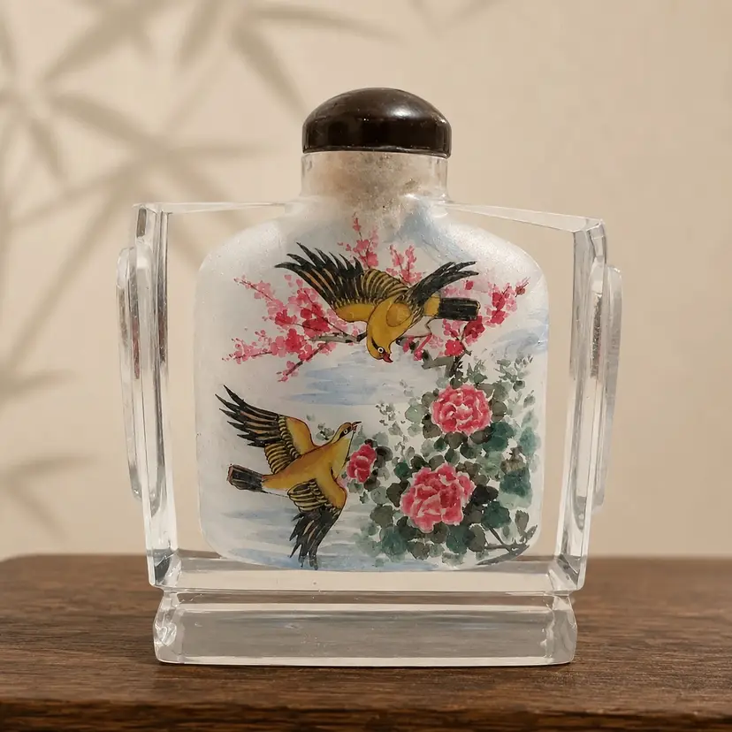 Birds in Bloom – Double-Sided Painted Glass Snuff Bottle with Stopper – 4”