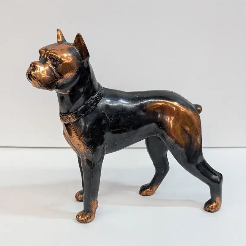 Vintage Cast Metal Boxer Dog Figurine with Copper Wash Finish 6.5x6.25"
