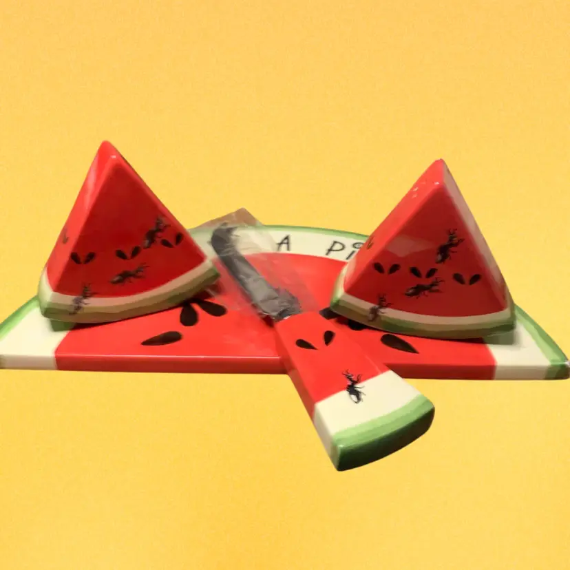 08. Vintage watermelon, salt and pepper shaker set with plate and knife.10” Wide