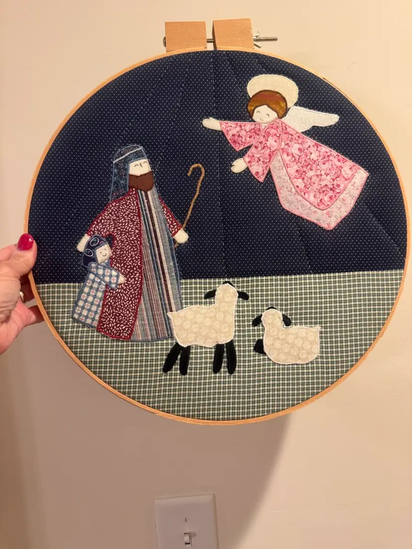 3 Quilted Christmas Story On Embroidery Hoops - Handmade; Pristine