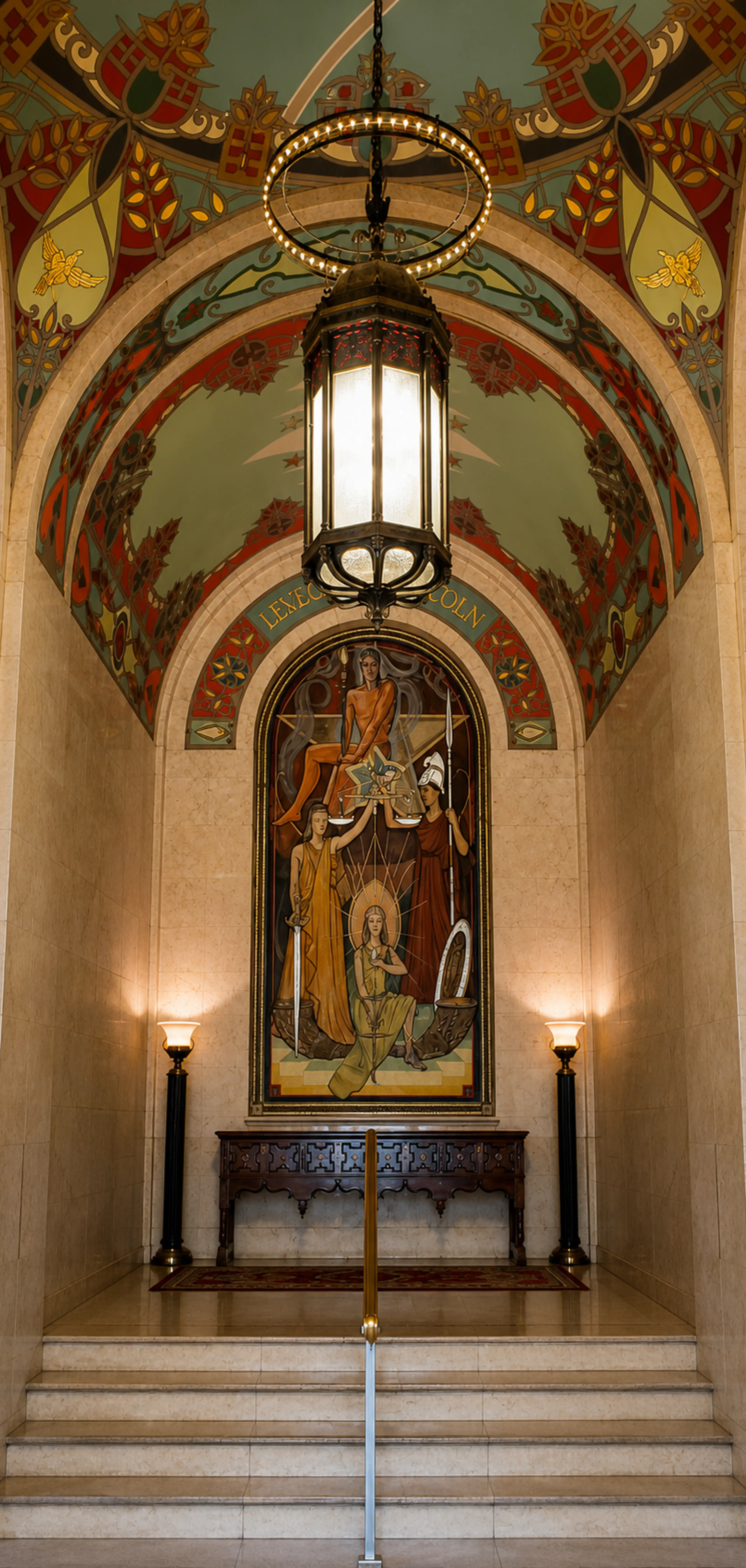Ornate interior with mural and chandelier