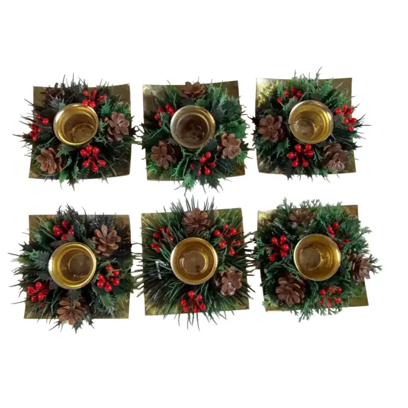 Six Gold Tone Metal Candlestick Holders with Pine Cones & Holly Greenery