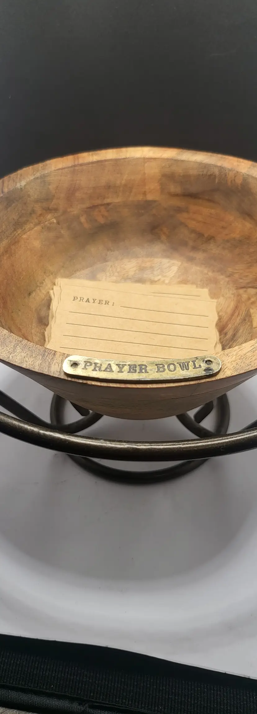 Wooden Prayer Bowl with Iron Stand 24 prayer cards 10 x 5 ' total Bowl 7.5"