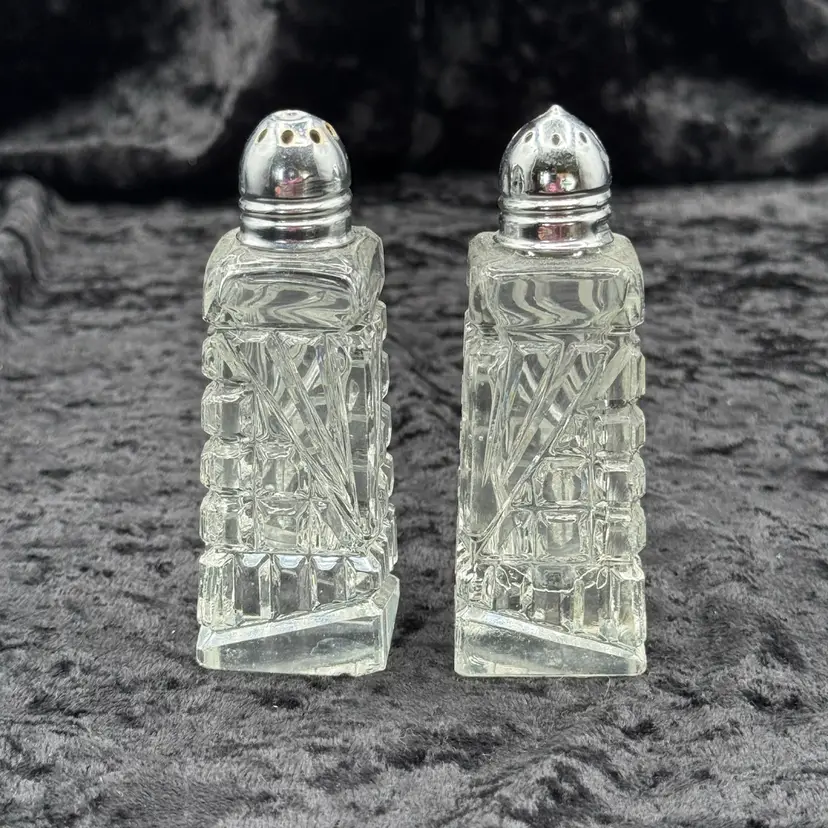 Vintage Cut Glass Salt Pepper Shakers Metal Lids Small Set Of 2 Clear Geometric