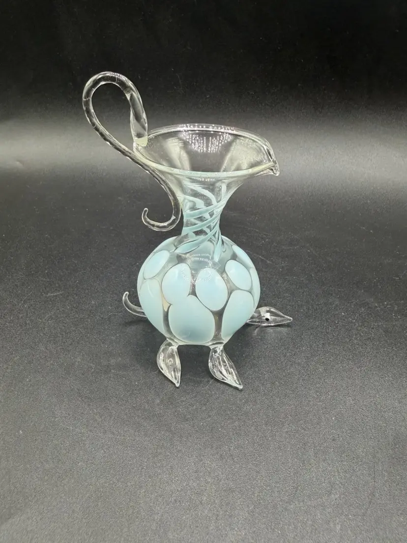 Vtg BIMINI Werkstatte MINIATURE Art Glass Blue Dot PITCHER With Turtle Feet RARE