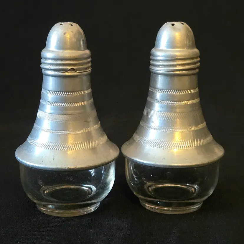 Salt Pepper Shakers Atomic Lightbulb Shaped Aluminum & Glass 1950's Vintage 4"Tall