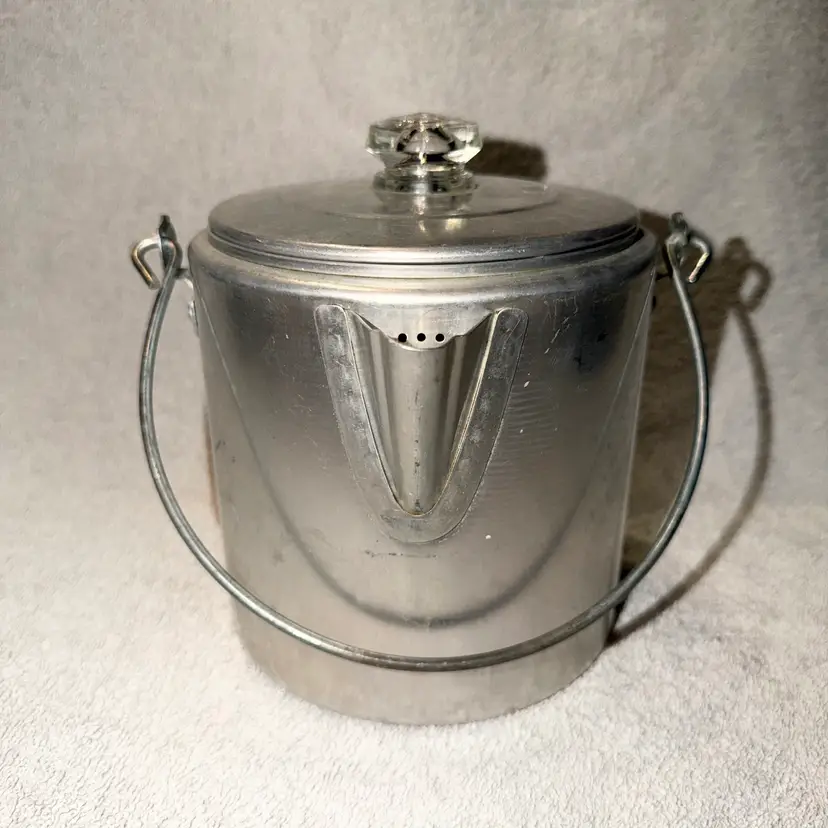 Vintage Aluminum Camping Coffee Pot Percolator W/Bail Handles & Glass Knob 6”H