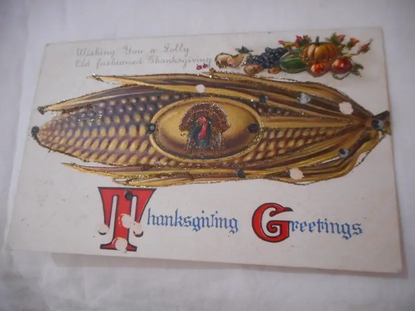 Vintage Postcard Thanksgiving 1913 written embossed and glitter