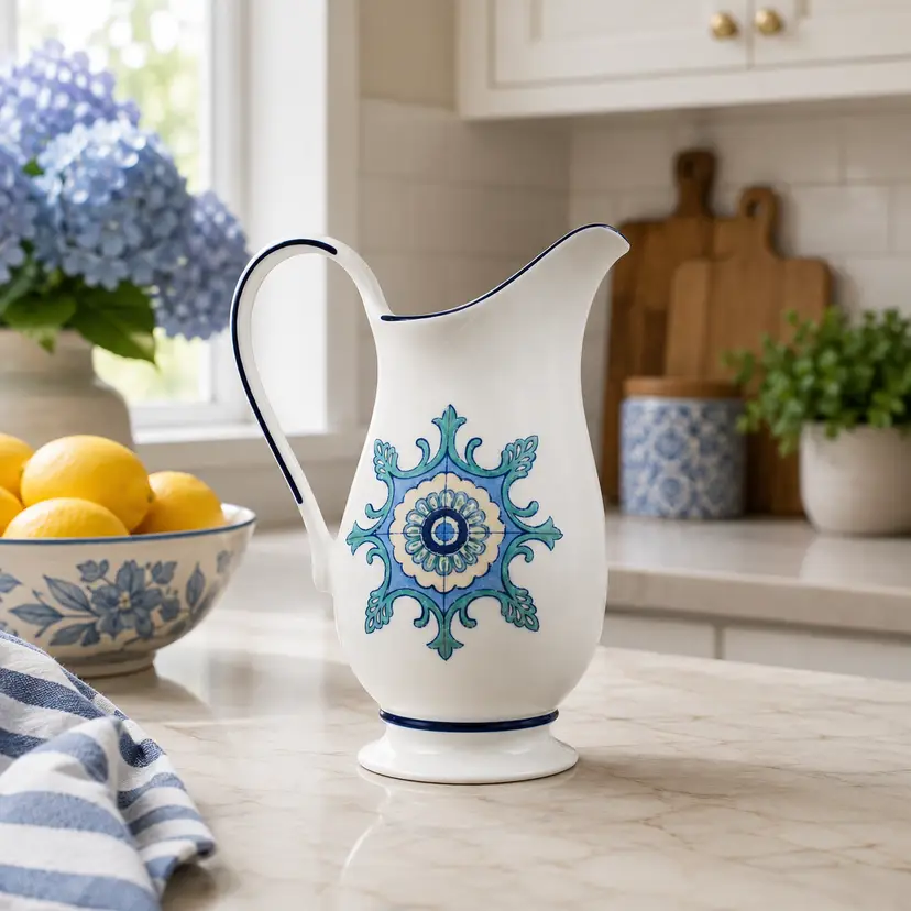 Vintage Lenox Mediterra Creamer 7.25" Blue Teal Medallion Small Footed Pitcher