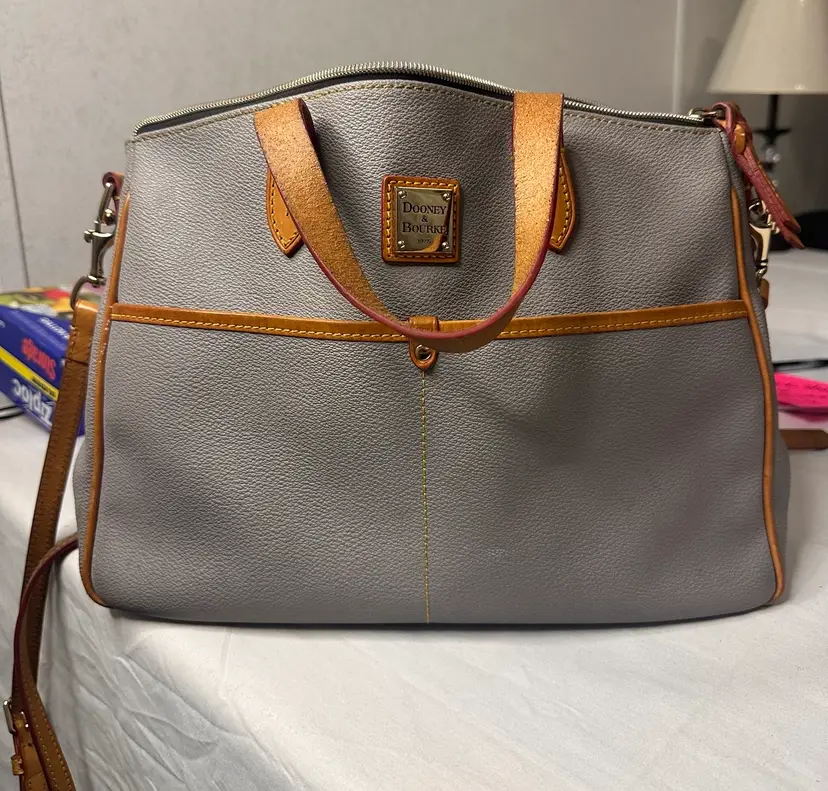 Dooney & Bourke Pebbled Leather Satchel | Gray with Tan Leather Trim | Crossbody