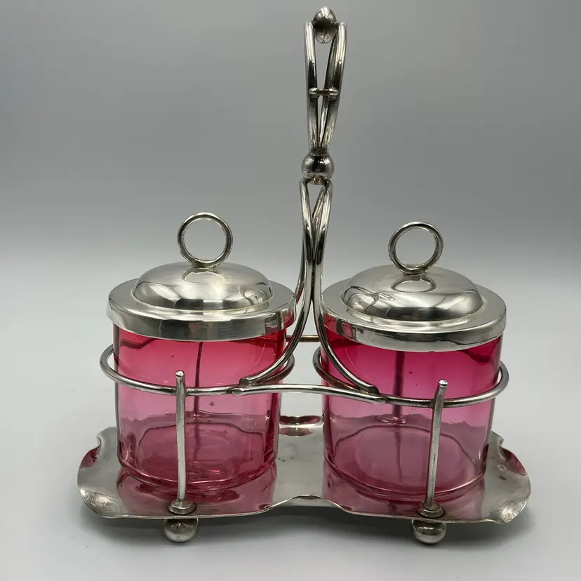 Antique Silver Plated Cranberry Glass Condiment Set