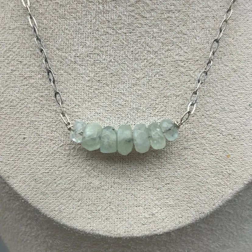 #01 925 Sterling Silver Natural Green Gemstone Rondelle Bar Necklace 24” Elongated Cable Chain