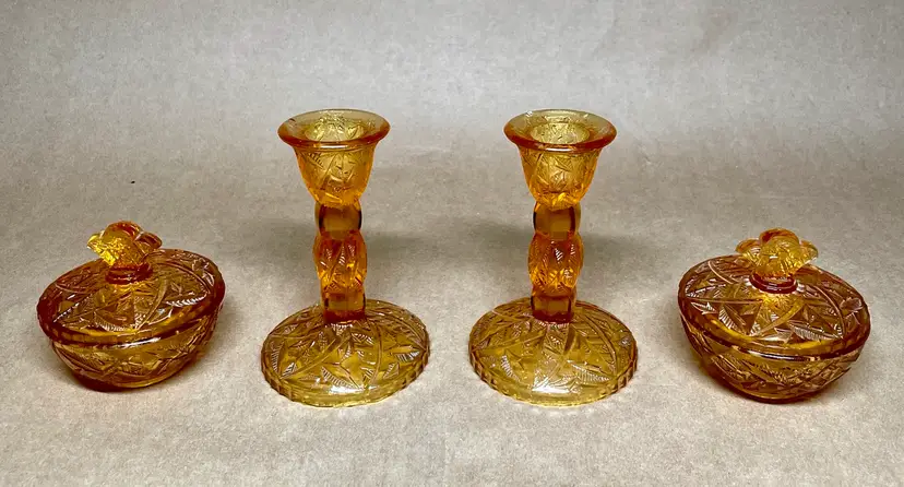 Amber Pressed Glass Fall Leaf Design Candlesticks & Trinket Jars with Lids VINTAGE