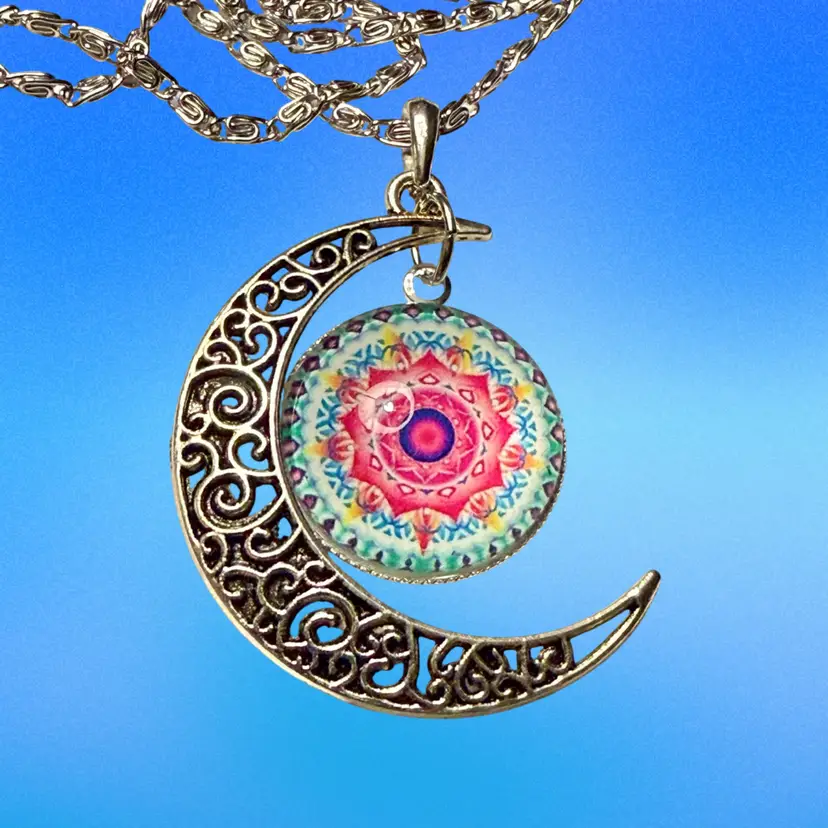 Crescent Moon Mandala Silvertone Necklace