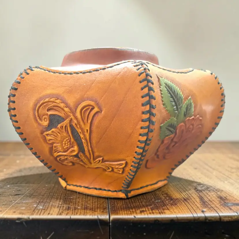 Vintage Hand Tooled Leather Western Floral Rose Folk Art Large Pot Vase - 8” Diameter 4” Foot 3” Mouth 4.5” H - OOAK
