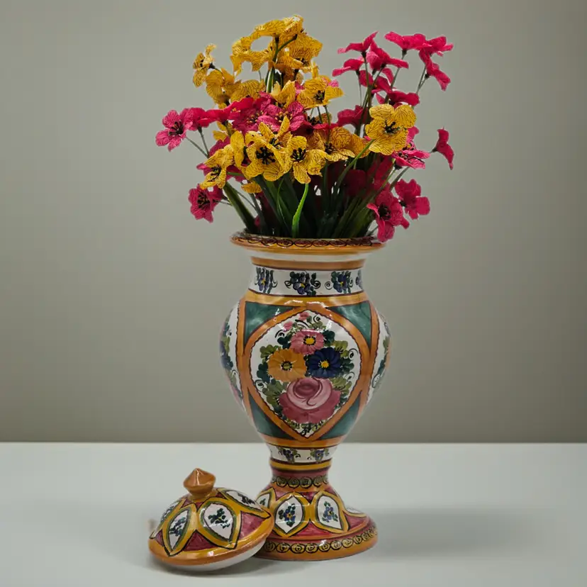 Peruvian Majolica Floral Lidded Urn Vase Hand Painted FCA Pottery 11"