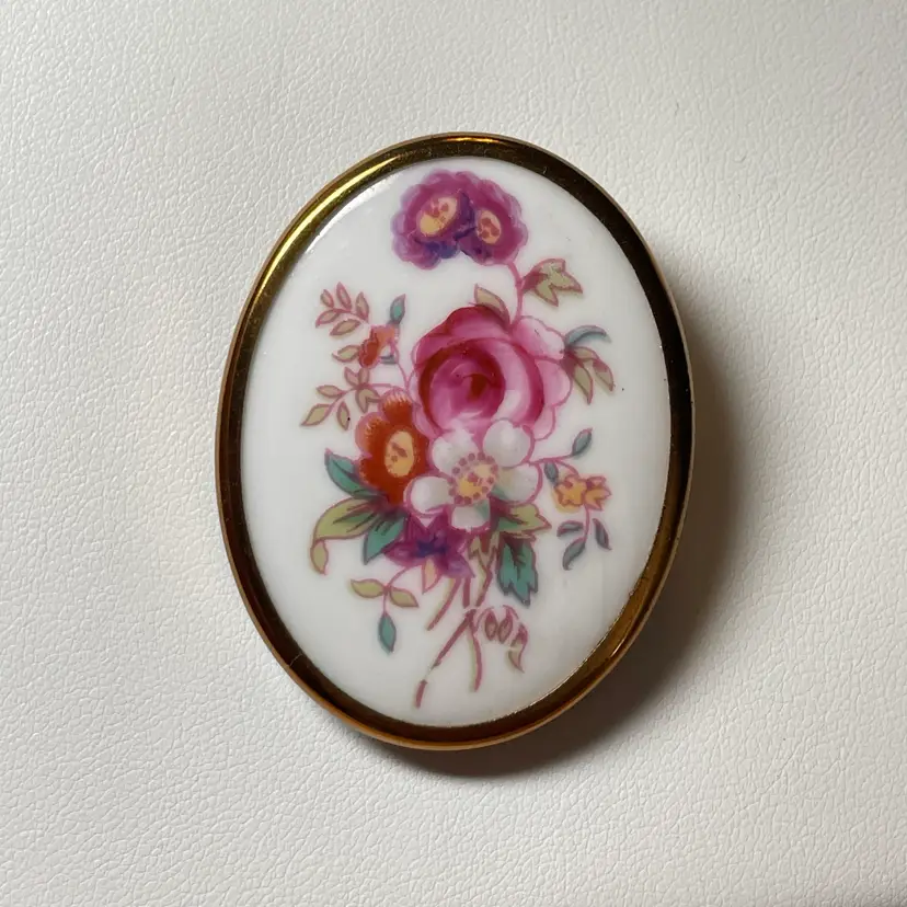 #25 - Royal Worcester 1950s hand-painted bone china floral brooch In Original Box