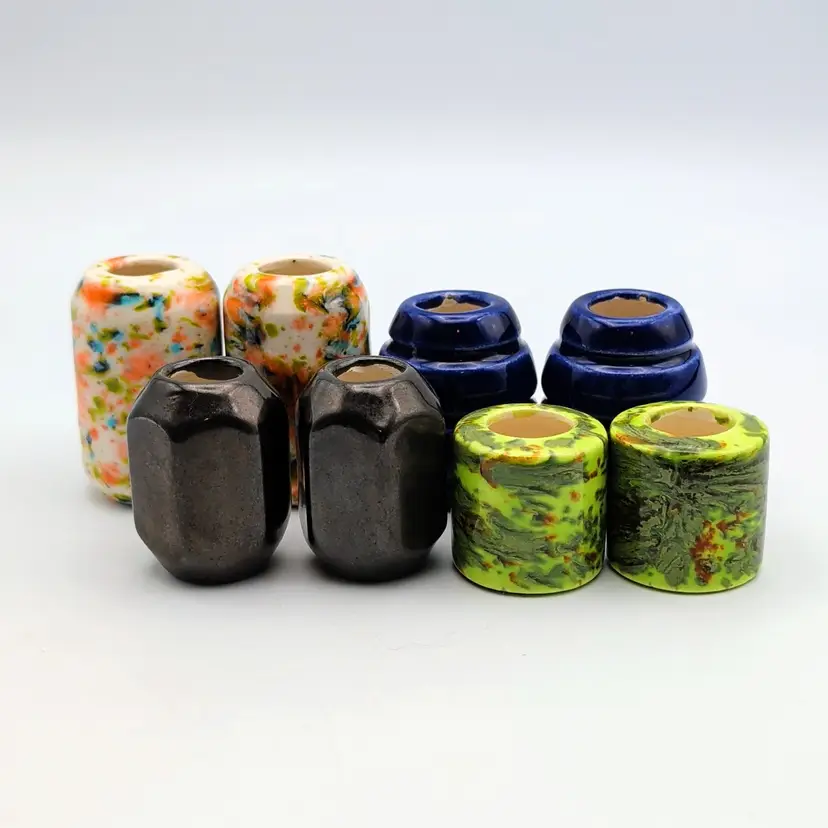 Vintage 1970s Large Ceramic Macrame Beads 2-Green 2-Orange 2-Black 2-Blue