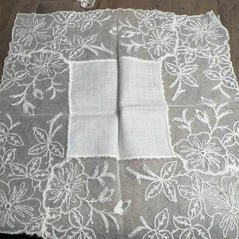 8x8” Vintage Hanky With Lace Edge Floral Lace Edge