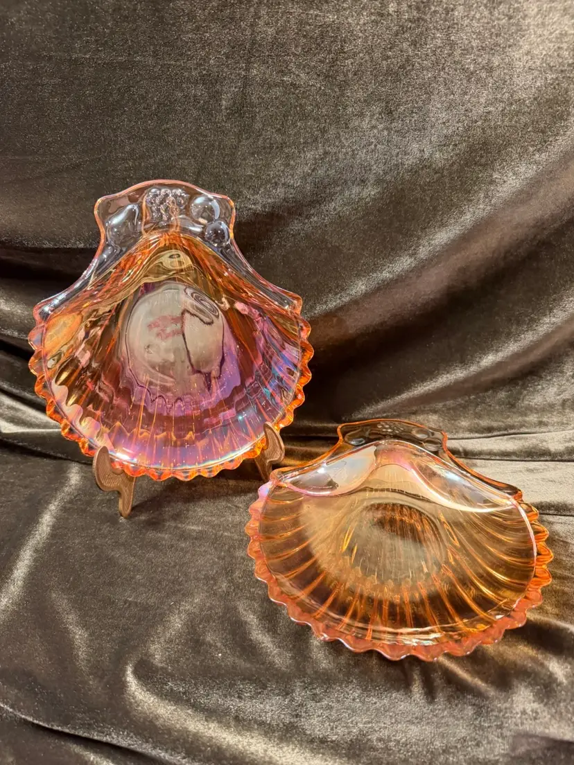 Vintage Marigold Carnival Glass Seashell Trinket Dishes - Set of 2