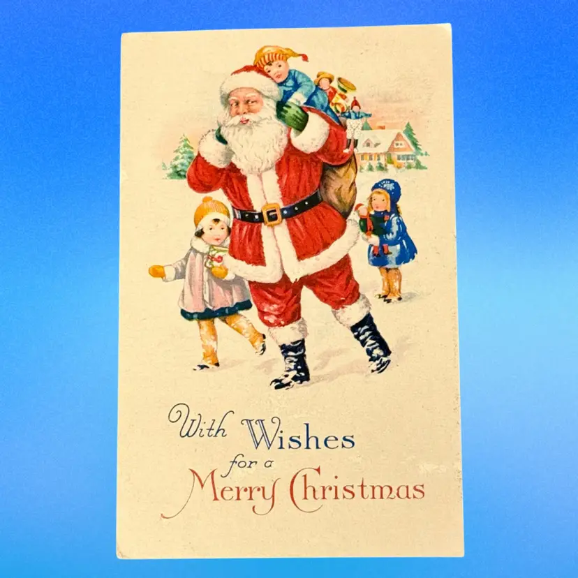Vintage Santa Claus Sack of Toys Children Playing in Snow With Wishes For a Merry Christmas UDB Postcard, posted 1929