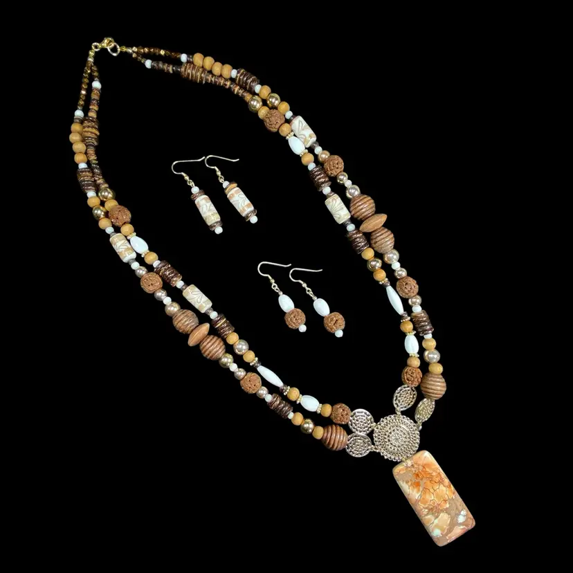 Avante Jewelry 2-Strand Stone Pendant Necklace 2 Pair Earrings