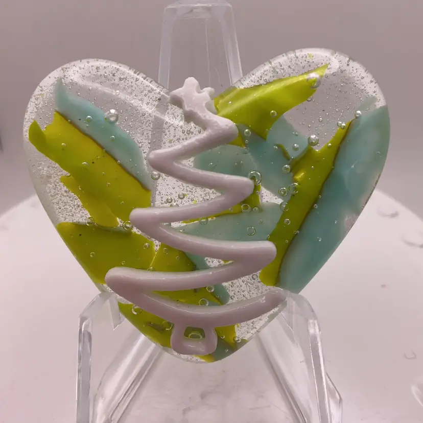 Made by Me! Fused Glass Pocket Heart White Christmas Tree 1.75” Handcrafted Studio Art SECOND