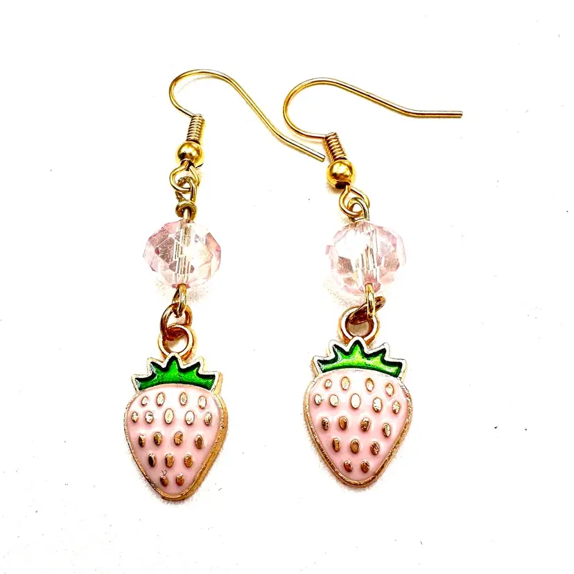 Strawberry Earrings, Pink Enamel, Gold Tone, Dangle Handmade