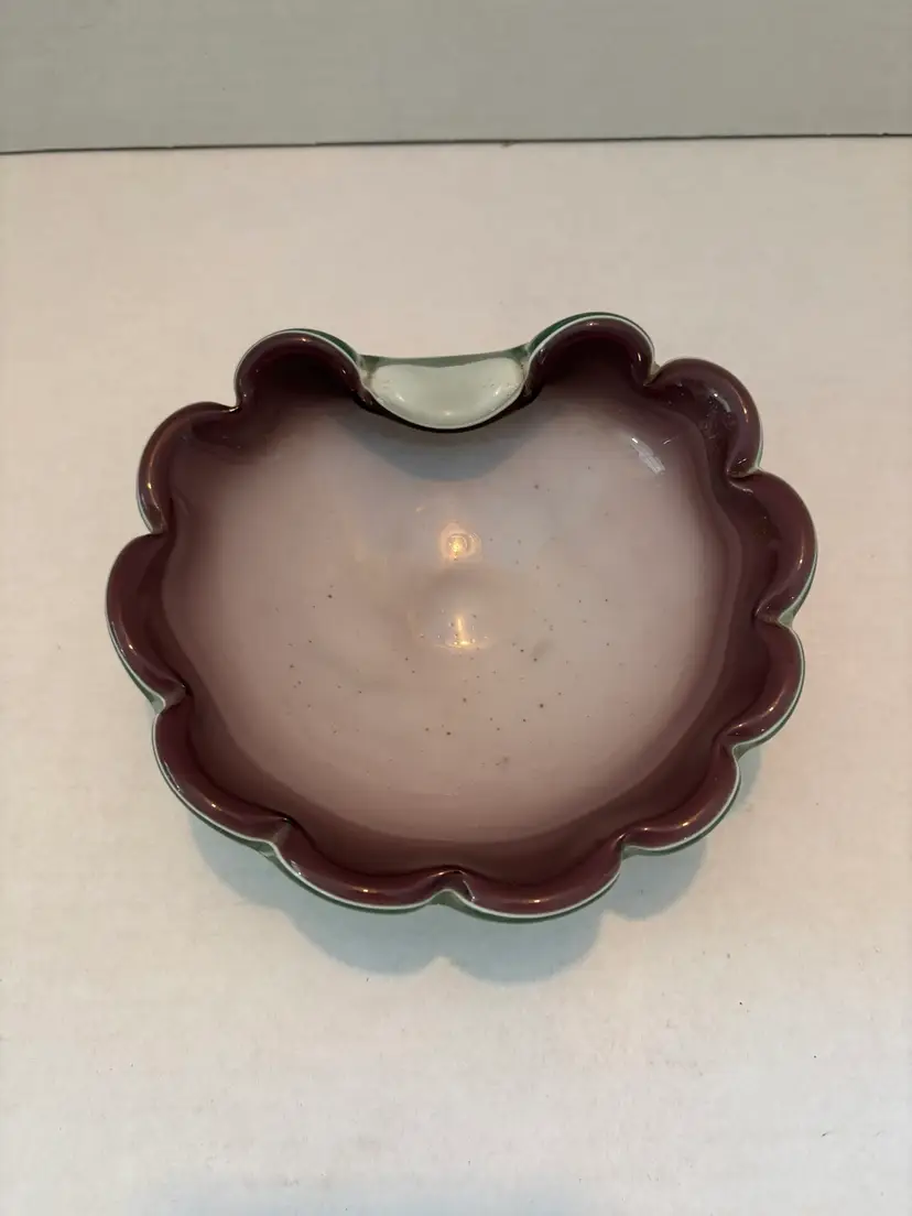 Vintage MCM Coquille Art Glass Scalloped Bowl Pink and White Decorative 6.5in Across