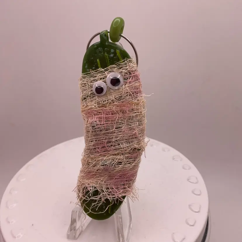 Made by Me! Mixed Media Fused Glass Pink Mummy Pickle Ornament 3.25” Handcrafted Studio Art