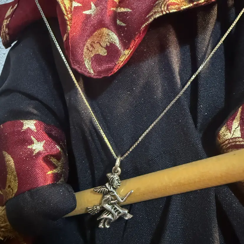 Sterling Silver Witch Flying On Her Broomstick Charm Pendant 1” & Italian Sterling 16” Box Chain