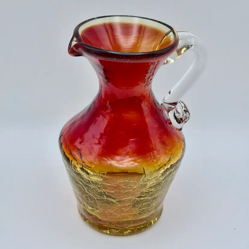 GLOWS! Vintage Miniature Hand-Crafted Amberina Crackle Glass Clear Applied Handle 4.5”