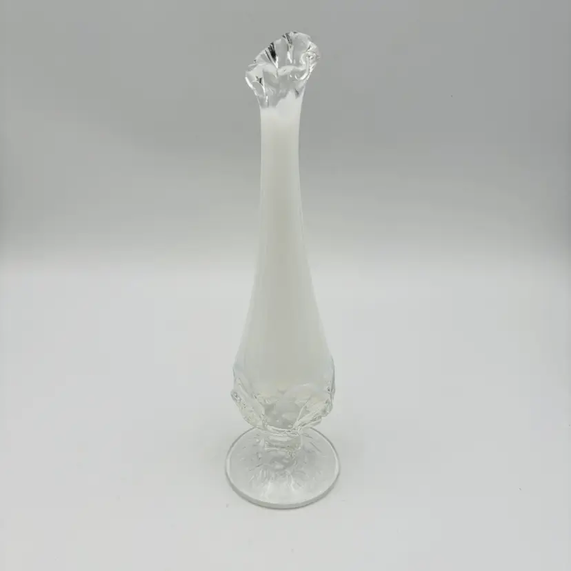 Vintage Fenton Glass White Opalescent  Water Lily Swung Bud Vase 9.5in Tall