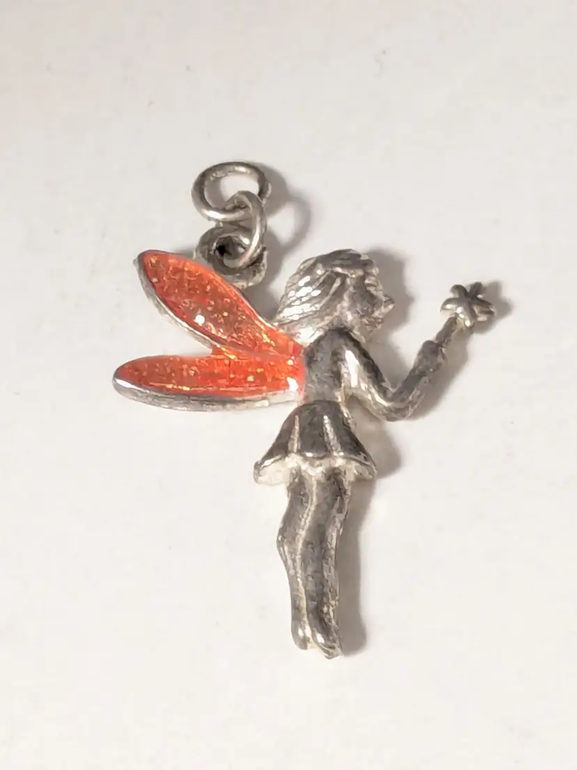 Silver Tone Fairy Charm Pendant with Orange Wings