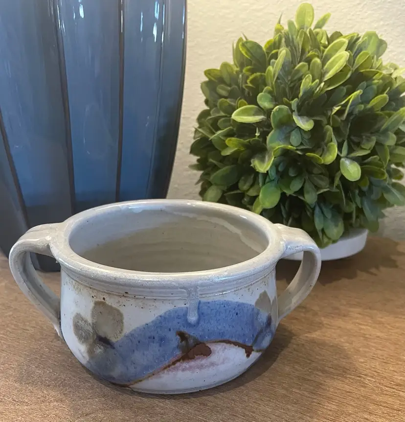 Vintage Studio Art Pottery Double Handle Crock / Soup Bowl Stoneware Colorful Glaze