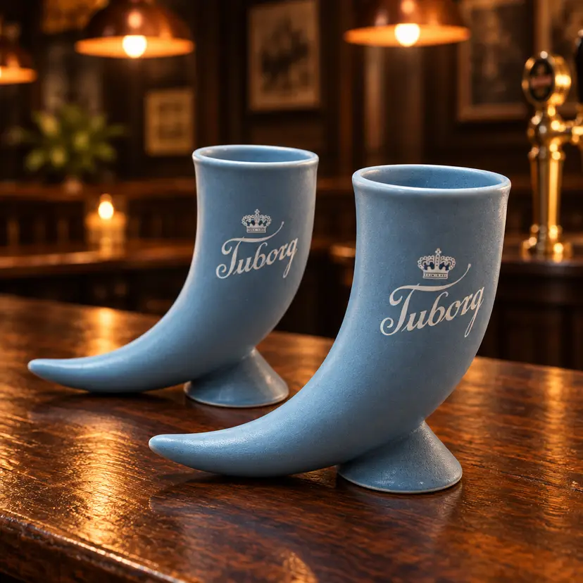 Vintage Light Blue Ceramic Tuborg Beer Horn Steins, 5.75"
