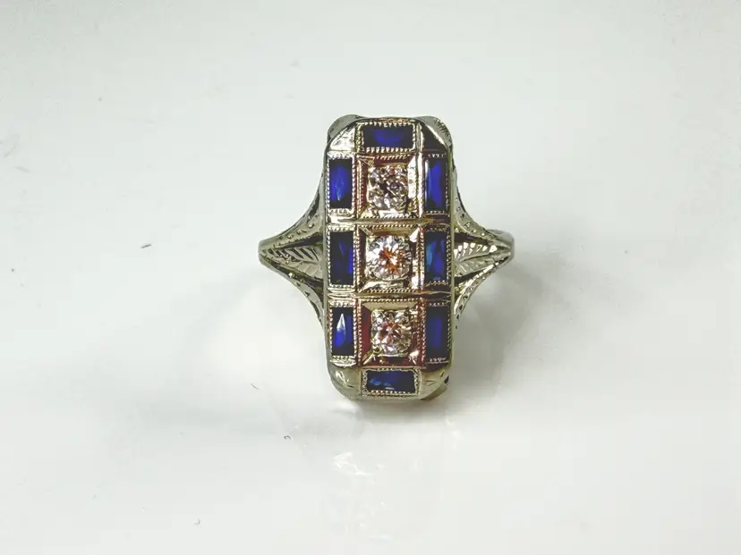 Antique Art Deco 14K White Gold Sapphire Diamond Filigree Ring 1920s JR2170