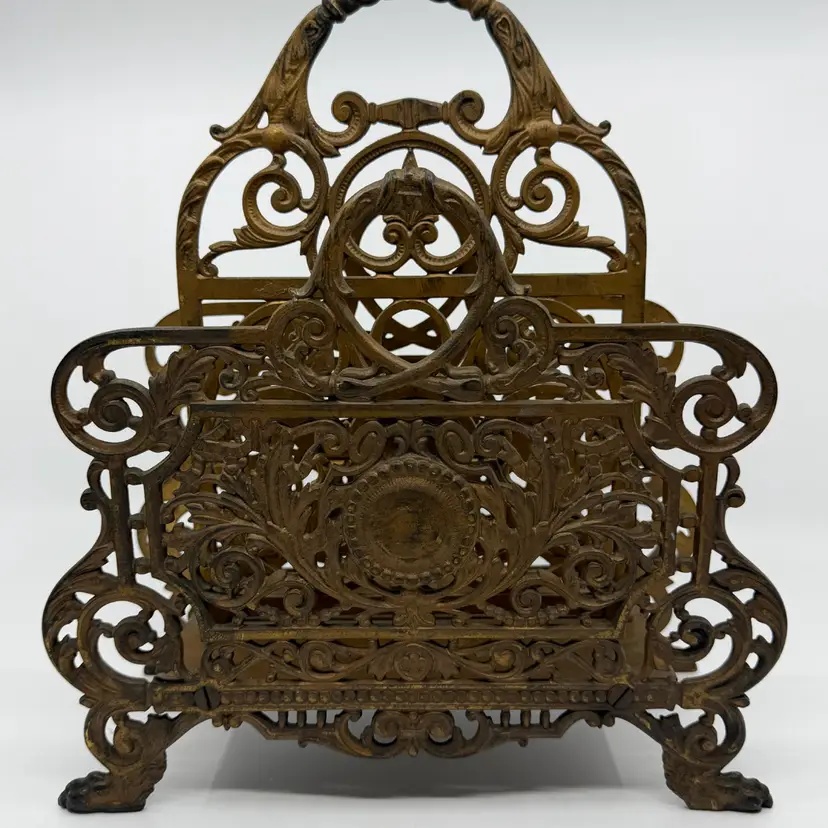 Vintage Bradley Hubbard 3572 Ornate Magazine Letter Holder Cast Iron Brass Plated