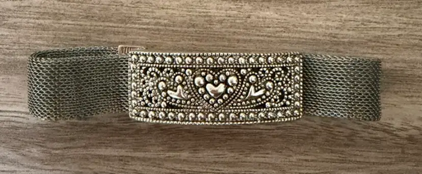 Wide Silver-Tone Mesh Heart Rhinestone Bracelet