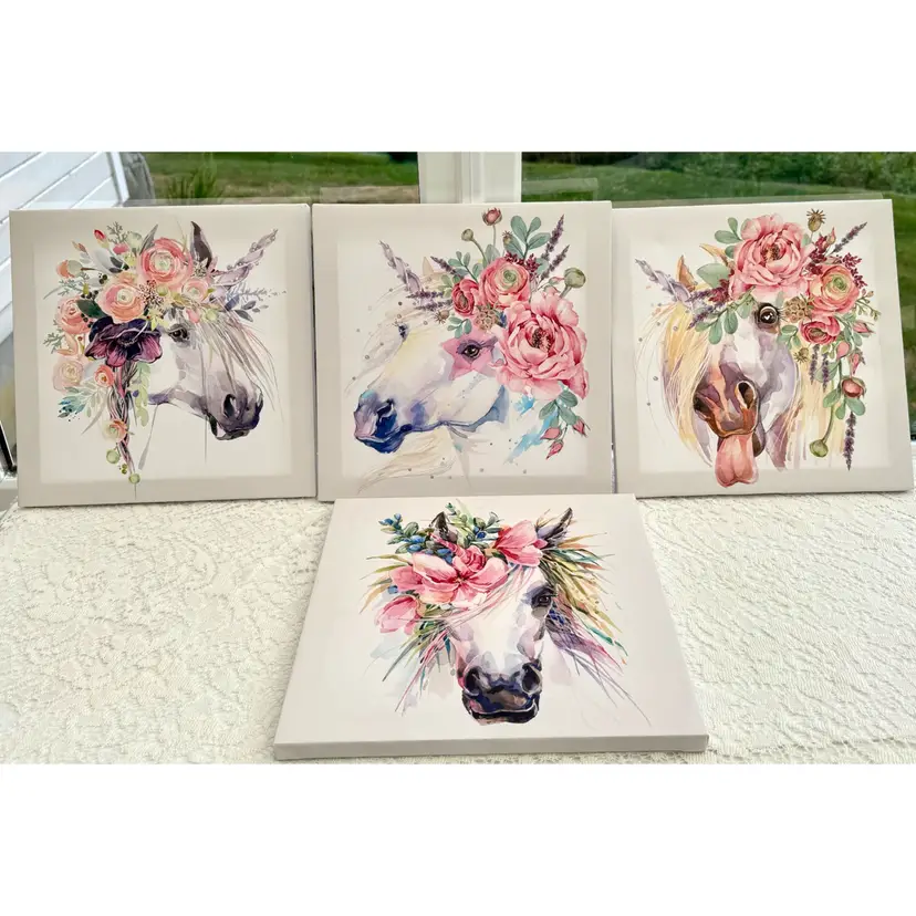 4 Piece Horse Unicorn On Canvas Wall Art 12x12 Pastel Colors Fantasy Theme