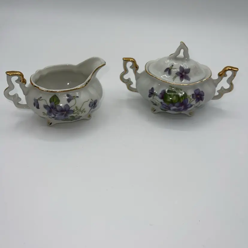 21-Lefton Creamer & Sugar Bowl Porcelain Purple Violets