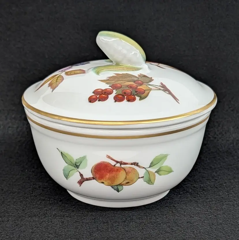 Vintage Evesham by Royal Worcester Gold Butter Tub w/ Corn Finial Lid Oven Safe