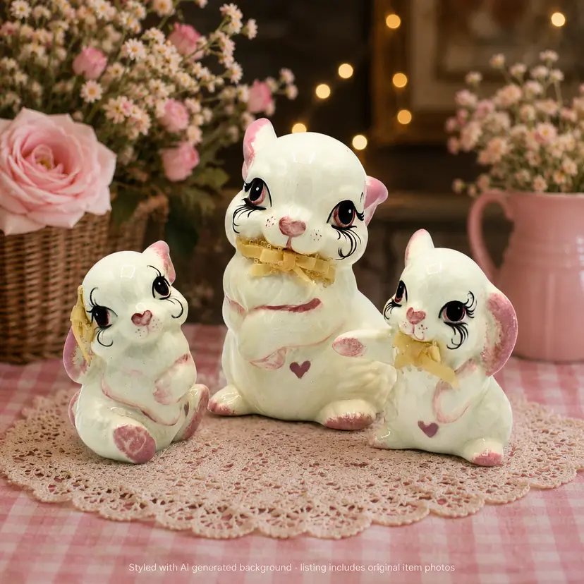 Vintage Les Trois Poulette Bunny Family Figurines LTP California Ceramic Rabbits