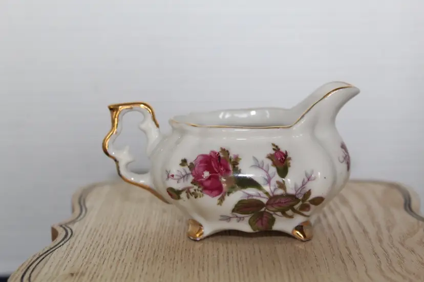 Vintage Porcelain Creamer Pink Roses Gold Gilt On Edges, Feet & Handle