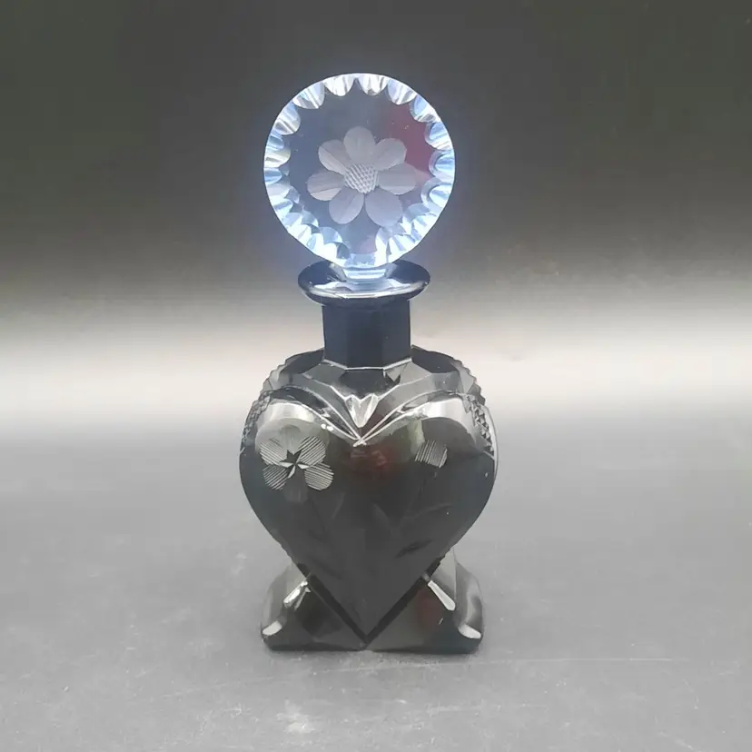 Vintage Irice Bohemia Intaglio Black Glass Perfume Bottle with Light Blue Faceted Flower Dauber