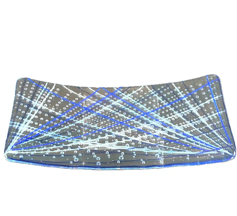 Handmade Bent Rectangular Fused Glass Platter Geometric Pattern 12"x6"