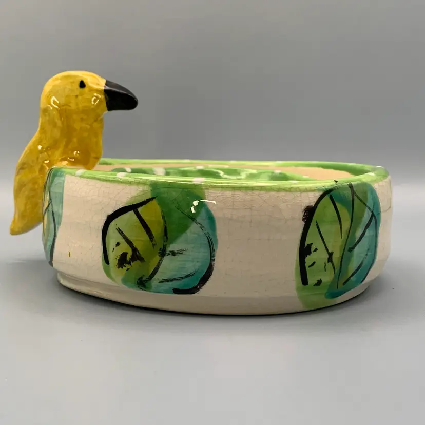 Handcrafted Ceramic Flower Ring With Yellow Bird. Vase Signed