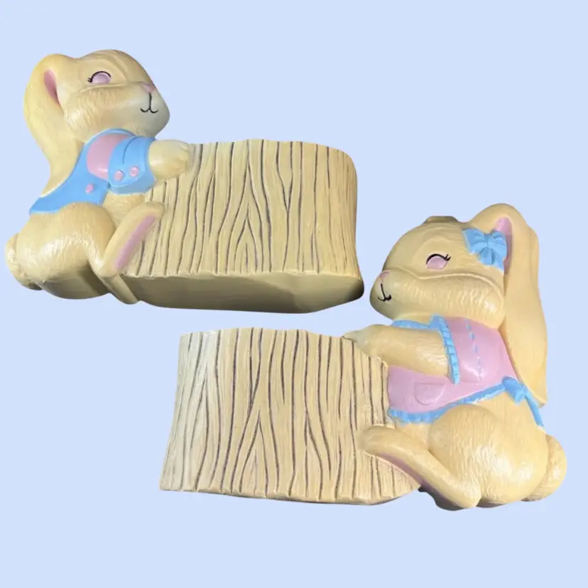 #347- Vintage Bunny Wall Pocket Set Girl Boy Rabbit Wall Pocket Holder Hanging Decor Set Burwood USA 1990